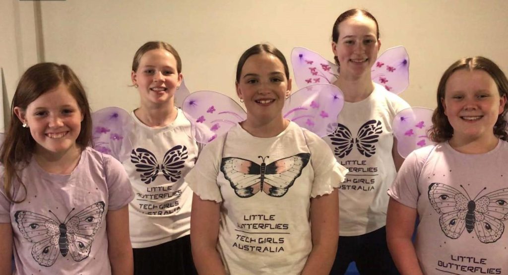 Photo of 5 teenage girls with Fairy wings and Little Butterflies tshirts