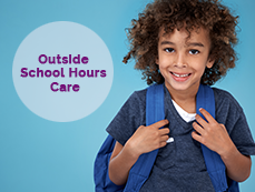 Outside School Hours Care and Boy with curly hair and back pack smiling at camera