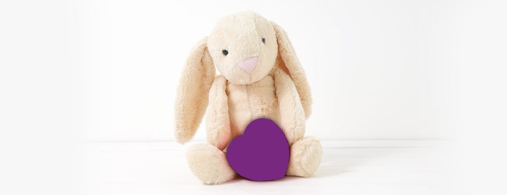 soft toy bunny holding purple heart Bunnies for Bravehearts