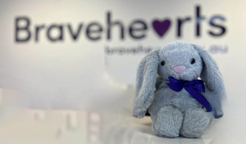 Bunnies for Bravehearts - soft toy bunny holding purple heart